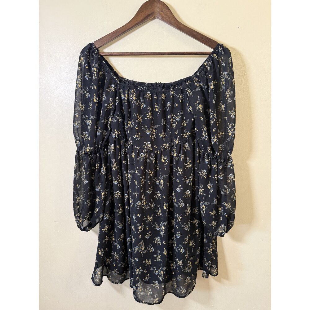 EXLURA Floral Off-Shoulder Puff Sleeve Mini Dress Size S Smocked Babydoll